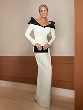 preiswerte Bodenlänge-Meerjungfrau/Trompete Smokingkleid für die Mutter der Braut, Derbykleid, elegant, Vintage, schlicht, V-Ausschnitt, bodenlang, Farbblock, Krepp, lange Ärmel, mit Knöpfen, 2025