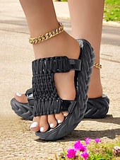 billige Uformelle sandaler-vevde plattformsandaler for kvinner - trendy gule lysbilder med åpen tå, behagelig sommerfottøy for fritids- og ferieklær
