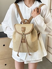 voordelige Mode Rugzakken-stro rugzak voor vrouwen – boho geweven rotan reistas met leren banden, chique zomer strand rugzak, casual vakantie &amp; dagelijks gebruik handtas wit roze bruin