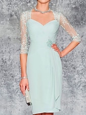 baratos Conjuntos de vestidos para mamãe-Duas Peças Tubinho Até os Joelhos Vestido de convidada de casamento Vestido Para Mãe dos Noivos Manga 3/4 Decote Princesa Elegante Tamanhos Grandes Convidado do casamento Igreja Chiffon Renda