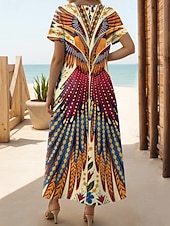 olcso Boho ruhák-Női Maxi Ruha Fekete Ruha Hosszú Ujjú Boho Ruha Elegáns Bohemia Vakáció Lepke Ujjú Vakáció Tengerpart Rendszeres Illeszkedés Virágos Grafika Rövid Ujjú Kerek Nyak Málnaszín Fehér Sárga Világos Zöld