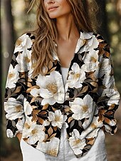 billige Blomstrete topper-Dame Skjorte Bluse Blomster Grafikk Stilig Casual Lang Erme Skjorte Krage Regulære Topper Lin Lignende Daglig Gå Ut Strand Klær Knapper Svart Lilla Sommer Vår