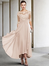voordelige Vloerlengte-A-Lijn Moeder van de Bruid Jurk Bruidsgast Elegant Plus Size Hoog Laag V-Hals Asymmetrisch Enkel Lengte Chiffon Kant Halve Mouw met Beading Applicaties gratis maatwerk