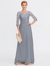 economico Lunghezza del pavimento-ts beach wedding a-line madre della sposa abito da sposa invitata elegante taglie forti trasparente scollo a V lunghezza pavimento chiffon mezza manica con applicazioni drappeggio laterale 2025