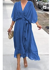abordables Robe de cocktail-Femme Robe mi-longue robe cocktail Robe d&#039;été Mode Manche Chauve-souris Vacances Rendez-vous Sortie Standard Plein Demi Manches Col V Bleu Violet Vert Printemps