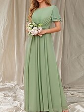 baratos Vestidos para Madrinhas-Vestido de dama de honra em linha A, gola redonda, manga curta, elegante, comprimento até o chão, chiffon com faixa / fita / franzido 2025
