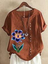 cheap Shirts-Women&#039;s 100% Cotton Blouse Vintage Casual Crew Neck Daily Going out Buttons Print Maroon Grass Green White Purple