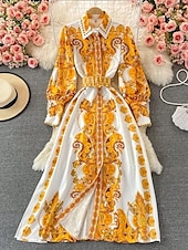 abordables Robes Bohémiennes-Femmes Robe Midi Robe bohème Mode Classique Vacances Sortir Week-end Coupe régulière Fleur manche longue Col de chemise Jaune Été