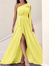 baratos Vestidos para Madrinhas-Vestido de mãe da noiva em corte A, elegante, vintage, simples, um ombro, comprimento até o chão, chiffon, sem mangas, com laço(s), cor sólida, fenda 2025