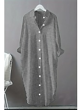 abordables concevoir des robes en coton et lin-Femmes Robe Midi Robes inspirées du lin Robe Chemise Robe en coton et lin Mode Basique Classique Quotidien Fête Week-end Coupe régulière Rayé manche longue Col de chemise Noir Rouge Été