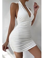abordables Robes de Diplôme-Femmes Mini Robe Robe Blanche Robe de remise des diplômes Moulant Robe à col licou Mode Vacances Remise des Diplômes Sortir Coupe régulière Uni Sans manches Col Halter Noir Blanche Orange Été
