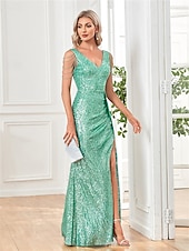 voordelige Schoolfeestjurken-Zeemeermin  Trompet Quinceañera Jurken Elegante Jurk Bruiloft Bruiloft Gast Vloerlengte Mouwloos V-Hals Polyester met Pailletten