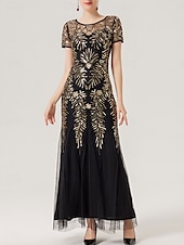 cheap Under $129.99-Dress Mother of the Bride Dress Party Black Dress Sparkle &amp; Shine Crew Neck Floor Length Polyester Short Sleeve with Sequin