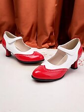 abordables años 1930-Tacones Mary Jane vintage en rojo y blanco para mujer: zapatos brogue clásicos inspirados en los años 50 para moda retro, baile y ocasiones especiales