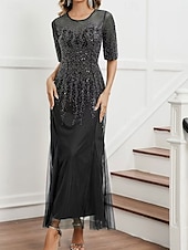 cheap Under $129.99-Dress Mother of the Bride Dress Elegant Party Black Dress Crew Neck Floor Length Polyester Half Sleeve with Sequin 2025