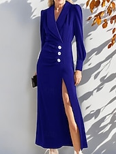 cheap Floor Length-Blazer Dress Mermaid / Trumpet Mother of the Bride Dress Tuxedo Dress Elegant High Split V Neck Floor Length Satin Lightweight Crepe Puff Sleeve Crystal Buttons with Slit