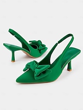 olcso Cicás sarkú cipők-zöld masnis kitten heel slingback cipő – elegáns hegyes orrú randevús éjszakai és hétköznapi női sarkú cipő