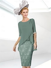 economico Lunghezza del tè-Abito Tubino da Spiaggia Madre della Sposa Elegante Collo Gioiello Lunghezza Ginocchio Sequin Chiffon Elasticizzato Manica Mezza con Ruches in Pizzo 2025 misura personalizzata gratuita