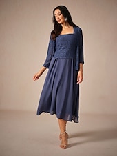ieftine Rochii Party-Pentru femei Set de rochii Rochie A line Rochii Semi Formale Dantelă Rochii Midi Lungime Manșon 3/4 Pătrat Invitat la nunta Bleumarin Vară Primăvară Fit regulat