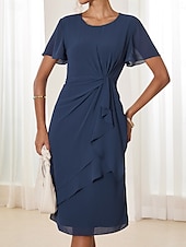 baratos Vestido Simples-Mulheres Vestido Em Camadas Vestido midi Chiffon Nó torcido Convidado do casamento Coquetel Elegante Formal Gola Redonda Manga Curta Borboleta Azul Escuro Cor