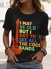 baratos Camiseta de Humor &amp; Citações-Festival de Música Mulheres Camiseta Gráfico Letra à moda Casual Manga Curta Decote Redondo Tops regulares Traje de festa para noite Diário Final de semana Imprimir Preto Branco Verão Primavera