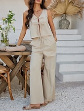 cheap Sets-Women&#039;s Active Basic Linen-Inspired Sets Two Piece Sets Vest Sleeveless V Neck Solid Color Lace up Casual Daily White Wine Dark Navy Summer Regular Fit