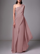 baratos VERMELHO-Vestido de Gala na Praia Tipo Tubo Elegante Vestido Formal Comprimento da Barragem Sem Mangas Um Ombro Chiffon Stretch com Pregas Franzido Fantasia 2025