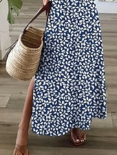 billiga Konst &amp; Design Klänning-Damklänning maxi A-linjeformad klänning sommarklänning elegant semester casual semester daglig regular fit blommig grafisk prickig kort ärm V-hals dammig blå sommar vår höst