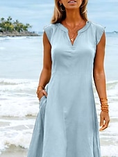 billige Enkel kjole-kvinners maxi-kjole t-skjortekjole tee-kjole sundress shift-kjole sommerkjole lin som bohemia ferie etnisk ferie strand normal passform ensfarget ensfarget kortermet hakk hals blå grå sommer