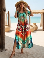 olcso Boho ruhák-Női Maxi Ruha Fekete Ruha Hosszú Ujjú Boho Ruha Elegáns Bohemia Vakáció Lepke Ujjú Vakáció Tengerpart Rendszeres Illeszkedés Virágos Grafika Rövid Ujjú Kerek Nyak Málnaszín Fehér Sárga Világos Zöld