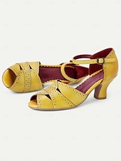 levne 30. léta-dámské vintage žluté vykukující podpatky z 30. let – retro kožené sandály s páskem kolem kotníku a brogue detaily pro elegantní dámy, ideální na večírky a formální události