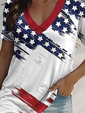 cheap Independence Day Top-Independence Day Women&#039;s Patriotic Fourth of July T Shirt Flag Casual Red White And Blue Short Sleeve V Neck Regular Tops Daily Print Black Blue Summer