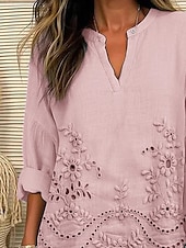 billige Blomstrete topper-Kvinners Bluse Tunika V-hals Langermet Boho Kule Topper 3D Print Grafisk Grunnleggende Vanlige Topper Daglig Knapper Print Rosa Lys Blå
