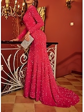 preiswerte Abendkleider-Meerjungfrau  Trompete Abendkleid Elegantes Kleid Formelle Black Tie Gala Court Zug Langarm V-Ausschnitt Lurex-Stoff mit Glitzer
