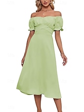 abordables Robes de vacances-Femmes Robe Midi Robe en coton et lin Mode Basique Moderne Quotidien Fête Sortir Coupe régulière Uni Manche Courte Épaules Dénudées Vert Claire Bleu Roi Violet Marron Été