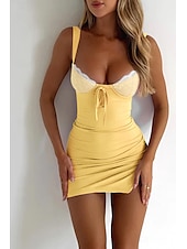 economico Abiti di Laurea-Per donna Mini Abito Abito Bianco Abito da laurea Abito in Pizzo Abito Sottoveste Moda Moderno Compleanno Laurea Data Vestibilità regolare Semplice Senza Maniche Spalline sottili Giallo Chiaro Bianco