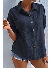 preiswerte Hemden-Damen Hemd Baumwoll-Leinen-Hemden Knopfleiste Bluse Einfach Basic Lässig Kurzarm Hemdkragen Normale Oberteile Ferien Ausgehen Knöpfe Tasche Schwarz Weiß Marineblau Khaki Grau Sommer