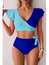 preiswerte Bikini-Sets-Damen Badeanzug Bikini Bademode Hoch tailliert Tropisch Strandbekleidung Farbblock V-förmiger Draht-Ausschnitt Ärmellos Badeanzüge