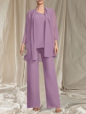 preiswerte Bodenlänge-Jumpsuit  Hosenanzug 3-teilig Kleid der Mutter der Braut Hochzeitsgast Elegantes gewelltes Dekolleté bodenlang Chiffon 3/4-lange Ärmel mit Perlen