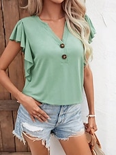 billige Bluser og skjorter-Dame Sommertopper عادي Fritid Kortermet Kappeerme V-hals Vanlige topper Drapering Svart Hvit Lysegrønn Blå Grønn Sommer