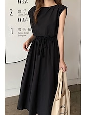 economico disegnare abiti in cotone e lino-Per donna Abito Midi Abiti in cotone e lino Moda Classico Moderno All&#039;aperto Quotidiano Ferie Vestibilità regolare Semplice Senza Maniche Girocollo Nero Verde chiaro Verde militare Blu marino Estate