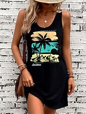 preiswerte Hawaiian-Kleider-Damen Minikleid A Linie Kleid Sommerkleid Schulterfreies Kleid Urlaub Lässig Lässiger Schnitt Grafik Blatt Ärmellos U-Ausschnitt Schwarz Sommer