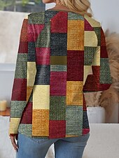 billige Stripe og geometrisk t-skjorte-Dame T skjorte Geometrisk Fritid Langermet Hals med hakk Vanlige topper Daglig Trykt mønster Blå Brun Regnbue Vår Høst