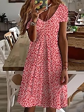 billiga Blommig klänning-Kvinnors Mini Klänning A Linje Klänning Sommarklänning Semester Avslappnad Semester Daglig Regular Fit Blommig Grafik Kort Ärmm Crew Hals Röd Sommar
