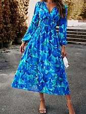 cheap Floral Dress-Women&#039;s Midi Dress A Line Dress Fit And Flare Dress Puff Sleeve Dress Vacation Casual Vacation Daily Regular Fit Graphic Long Sleeve V Neck Red Blue Green Apricot Summer
