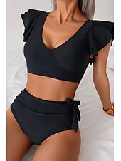 preiswerte Bikini-Sets-Damen Badeanzug Bikini Bademode Hoch tailliert Tropisch Strandbekleidung Farbblock V-förmiger Draht-Ausschnitt Ärmellos Badeanzüge