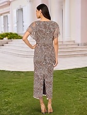 baratos Comprimento do chão-Vestido Mãe da Noiva Sheath  Coluna Vestido de Pérolas Elegante Plus Size Decote em V Comprimento do Chão Chiffon Renda Tule Manga Curta