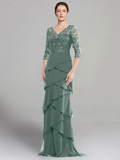baratos Comprimento do chão-Vestido Sheath Mãe da Noiva Vestido Elegante Decote em V Comprimento do Chão Chiffon Stretch Mangas Médias com Renda Camadas em Cor Sólida