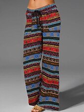 baratos Calça de linho de algodão simples-Mulheres Calças de linho de algodão Calças Calça Palazzo Moda Roupa de rua Comprimento total Natural Floral Estampado Design de cordão elástico Confortável Exterior Rua Roupa Diária Para Noite