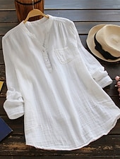 economico Camicie-Per donna Camicia Camicie ispirate al lino Blusa Semplice Essenziale Casual Manica Lunga Scollo a V Top Regolari Quotidiano Ferie Bottoni Tasca Bianco Rosa Blu marino Estate